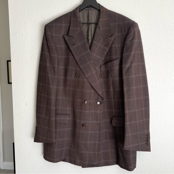 CANALI Mens Plaid Double Breasted Suit Jacket Blazer Size 58 Lana Cashmere